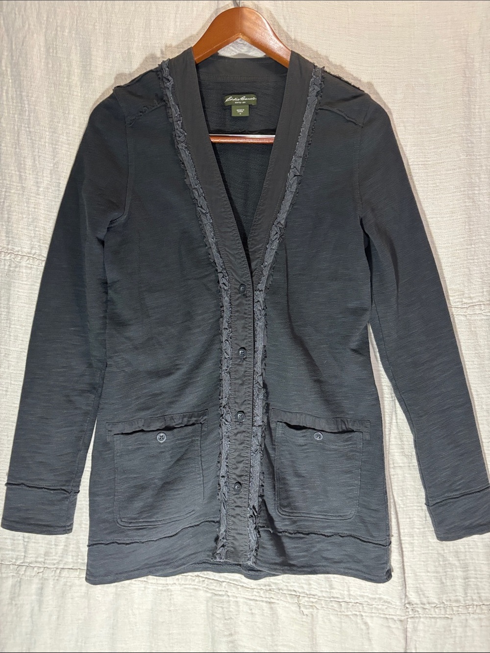Eddie Bauer Charcoal Ruffle-Trim Button Cardigan 100% Cotton EUC